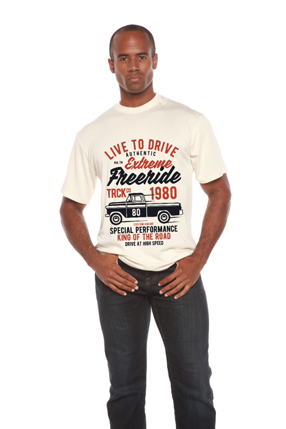 Extreme Freeride men's cream bamboo viscose/organic cotton graphic tee with truck print on Tampa Home & Garden Store