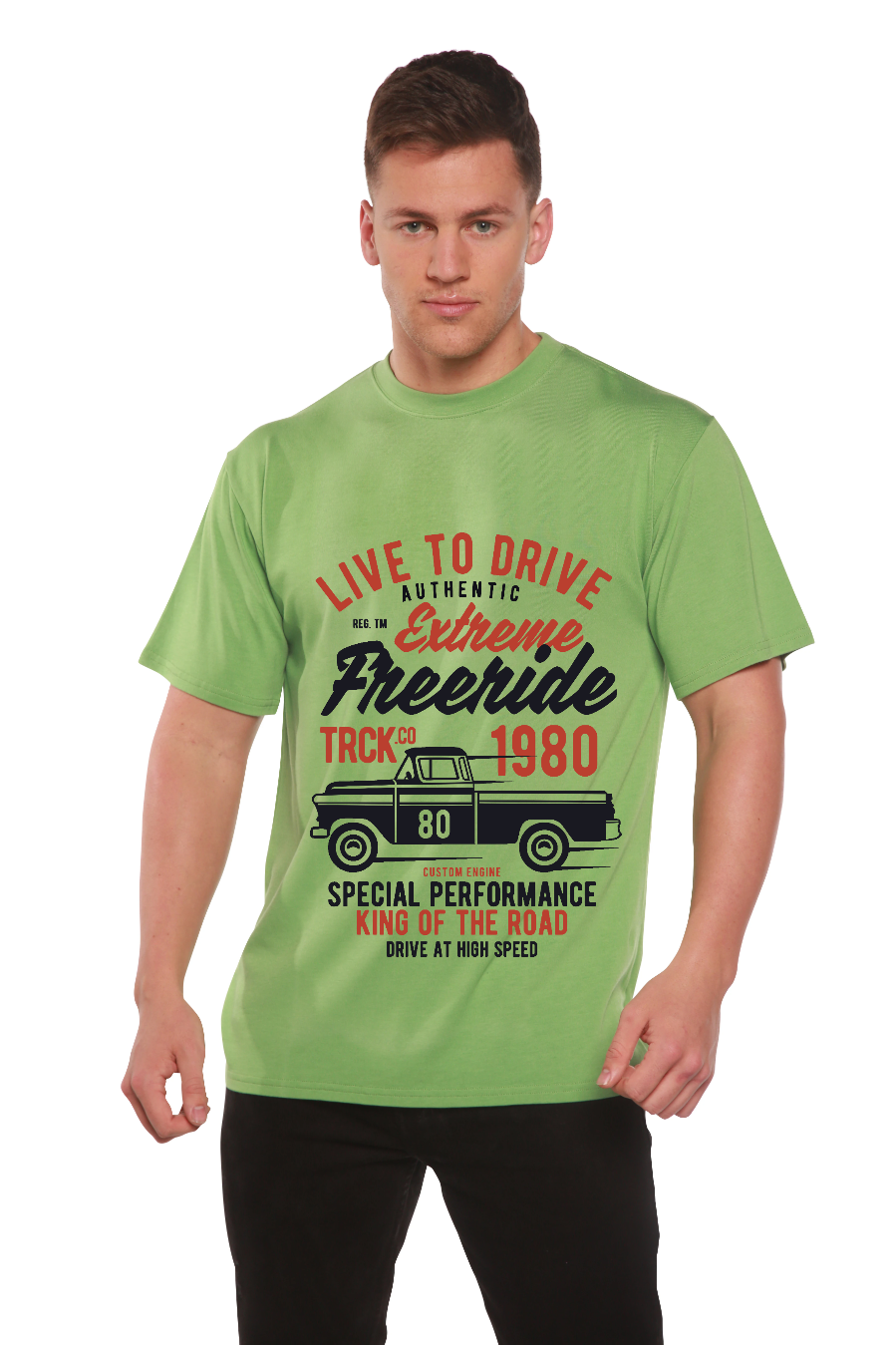 Extreme Freeride men's tee in lime green bamboo viscose blend with truck print by Spun Bamboo on Tampa Home & Garden Store