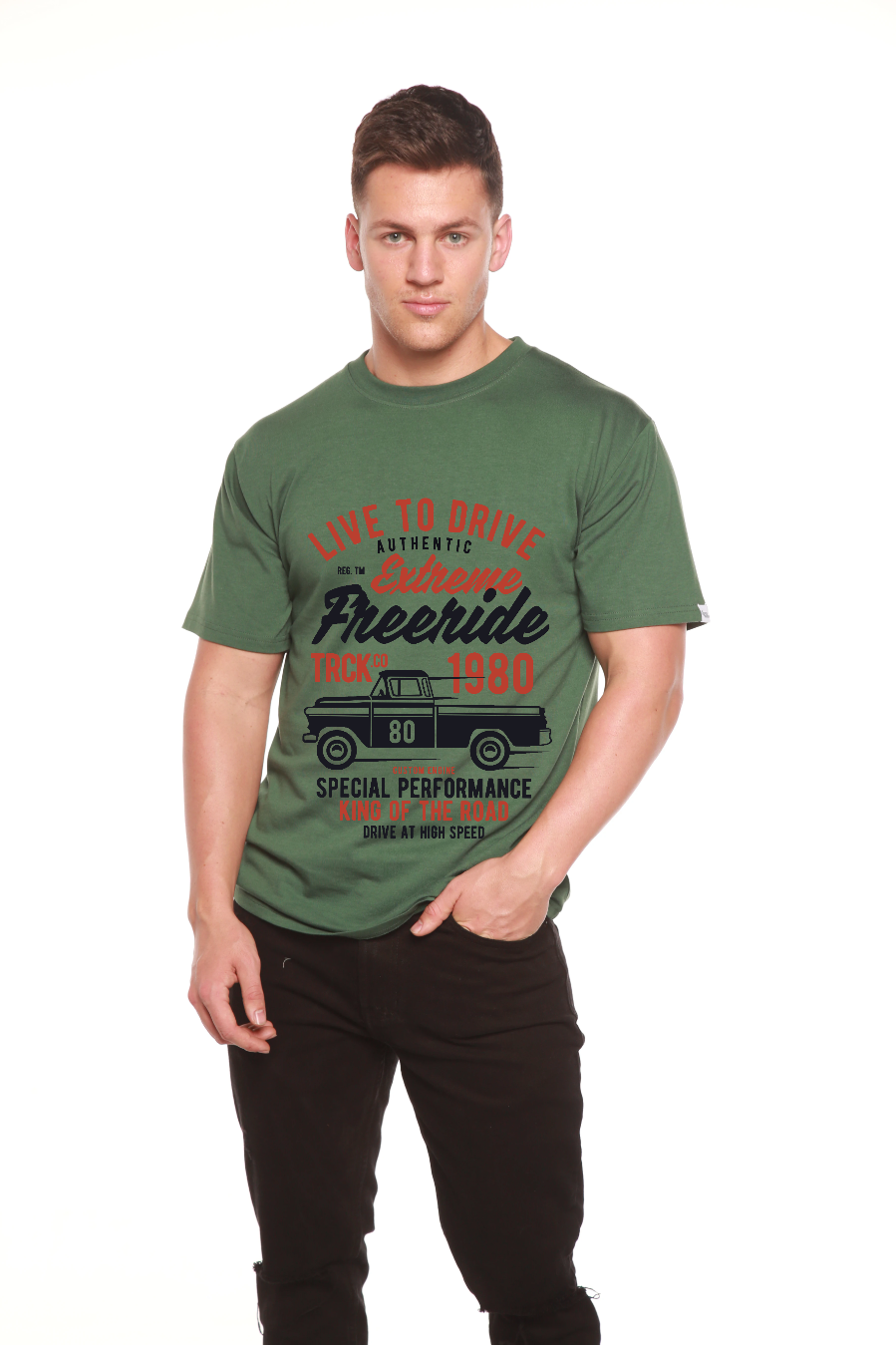 Extreme Freeride men's bamboo viscose organic cotton short sleeve tee green truck print on Tampa Home & Garden Store