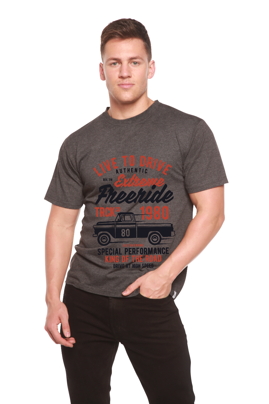 Extreme Freeride men's graphic T-shirt, gray with vintage truck artwork, Spun Bamboo shirt on Tampa Home & Garden Store