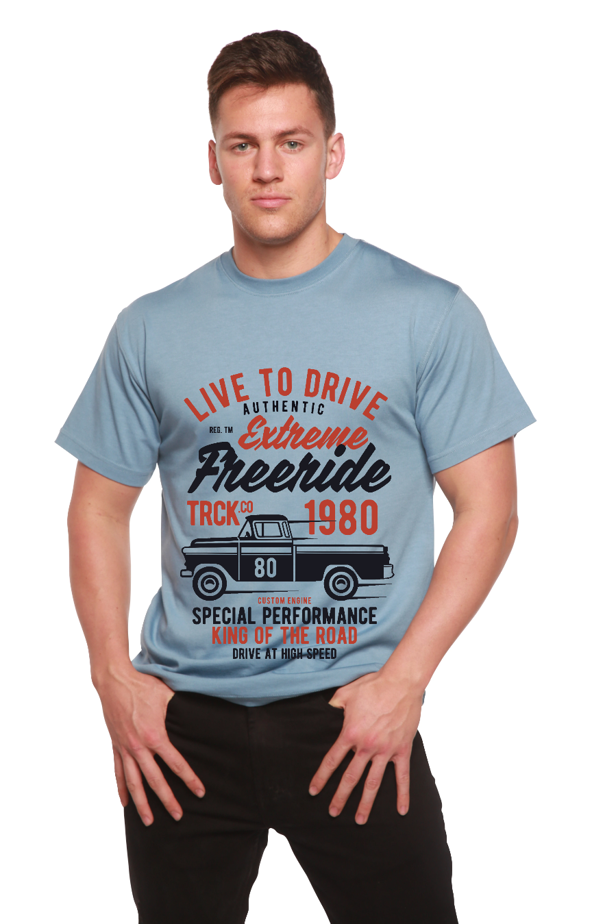 Light blue men's printed tee with retro truck graphic and bamboo viscose/organic cotton blend on Tampa Home & Garden Store
