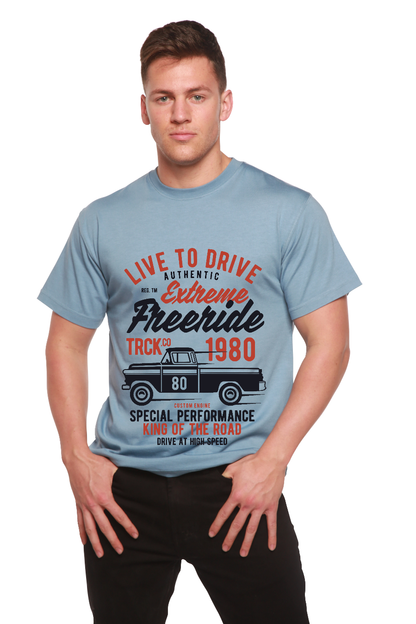 Light blue men's printed tee with retro truck graphic and bamboo viscose/organic cotton blend on Tampa Home & Garden Store