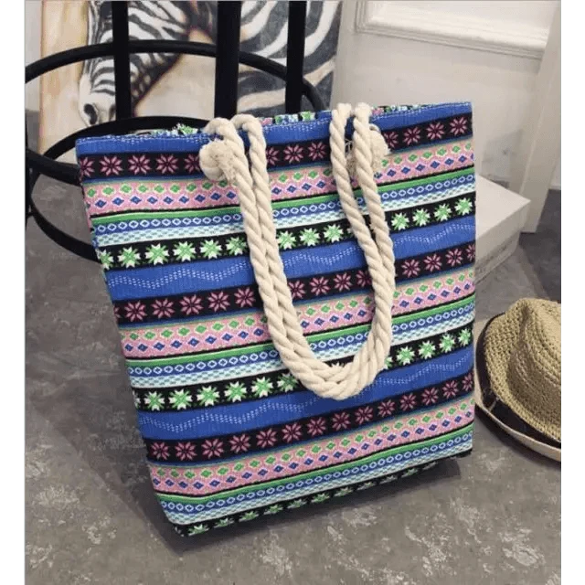 Folding Floral Canvas Shoulder Bag Stevvex blue striped canvas with rope handles for women on Tampa Home & Garden Store