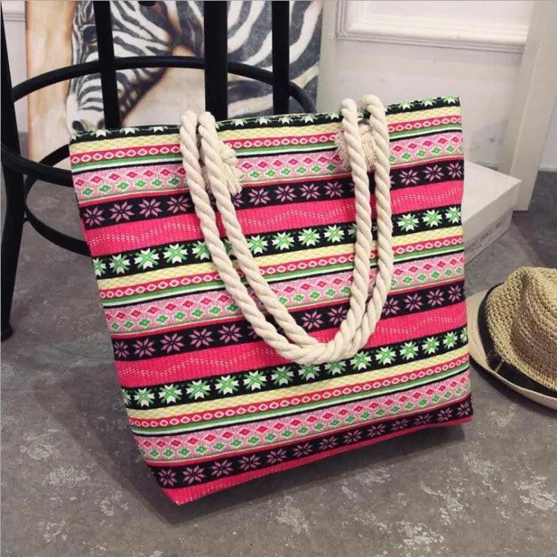 Folding floral canvas shoulder bag for women with bright stripes and thick rope handles on Tampa Home & Garden Store