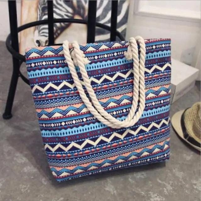 Folding floral canvas shoulder bag for women, blue geometric print, rope handles, Stevvex on Tampa Home & Garden Store