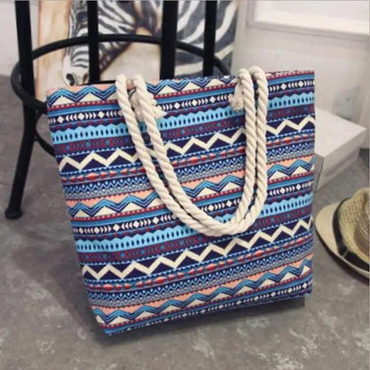 Folding floral canvas shoulder bag for women, blue geometric print, rope handles, Stevvex on Tampa Home & Garden Store