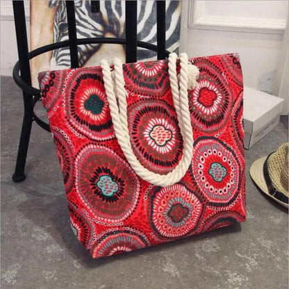 Folding Floral Canvas Shoulder Bag for Women Stevvex, red circular print with rope handles on Tampa Home & Garden Store
