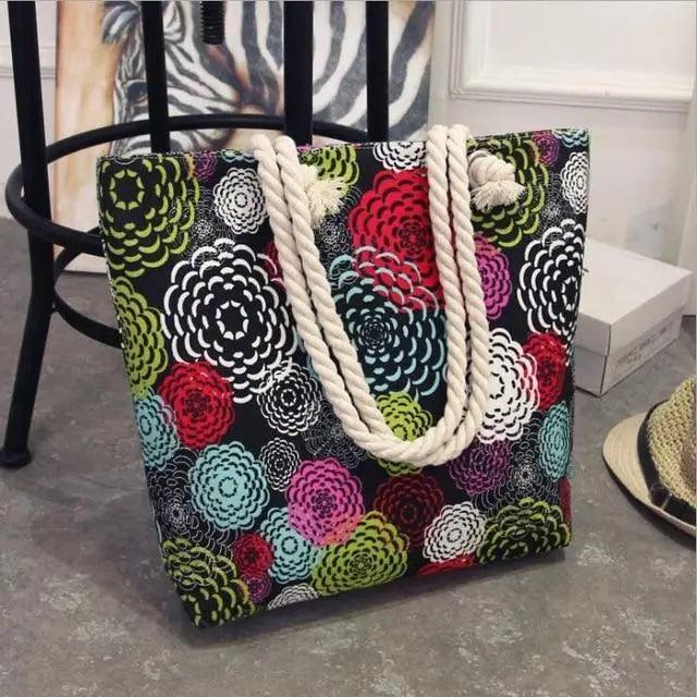 Stevvex folding floral canvas shoulder bag multicolor floral print with rope handles on Tampa Home & Garden Store