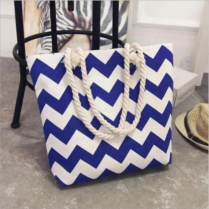 Stevvex folding canvas shoulder bag for women, blue and white zigzag tote with rope handles on Tampa Home & Garden Store