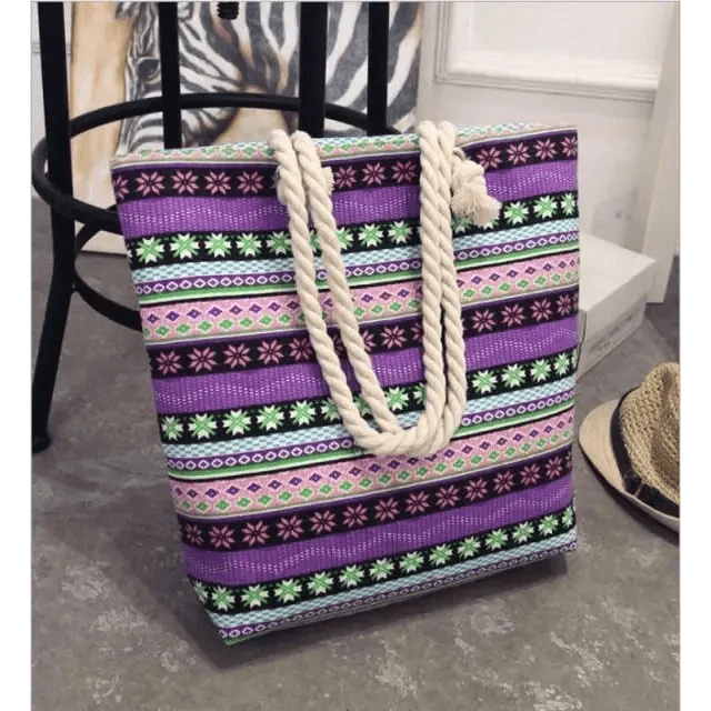 Folding Floral Canvas Shoulder Bag for Women by Stevvex, purple striped rope handles ST93137CDE on Tampa Home & Garden Store