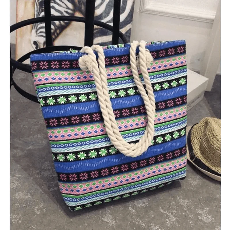 Folding floral canvas shoulder bag with vibrant striped pattern and rope handles ST93137CDE on Tampa Home & Garden Store