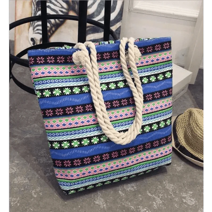 Folding floral canvas shoulder bag with vibrant striped pattern and rope handles ST93137CDE on Tampa Home & Garden Store