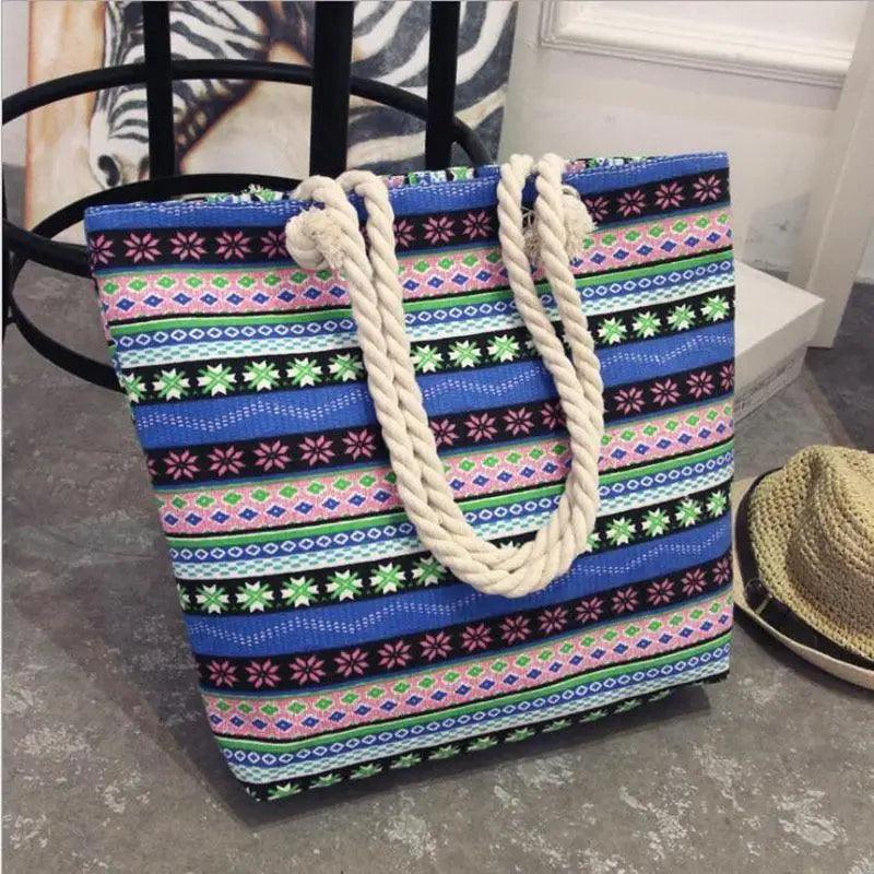 Stevvex Folding Floral Canvas Shoulder Bag for Women in colorful stripe print with rope handles on Tampa Home & Garden Store