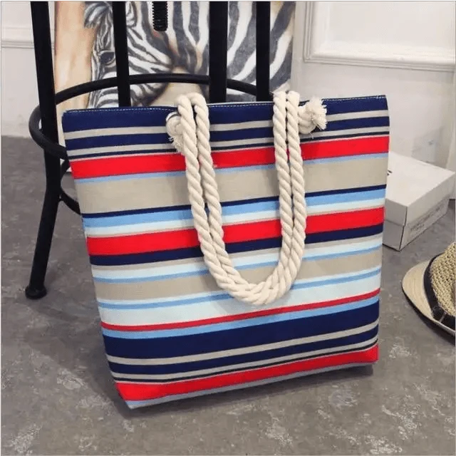 Folding Floral Canvas Shoulder Bag striped canvas tote with white rope handles Stevvex on Tampa Home & Garden Store