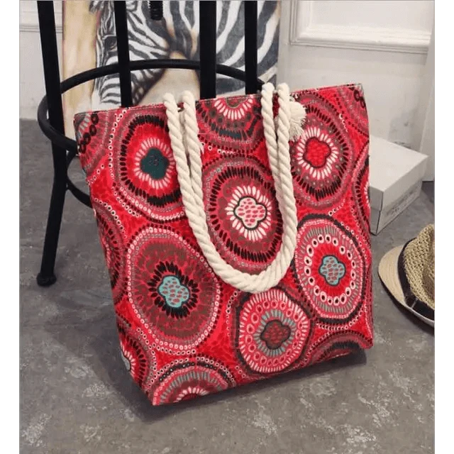 Stevvex Folding Floral Canvas Shoulder Bag red circular bloom print with rope handles on Tampa Home & Garden Store
