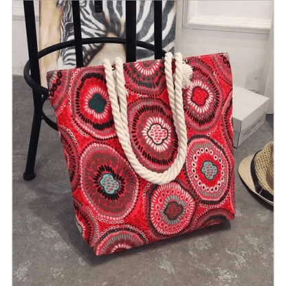 Stevvex Folding Floral Canvas Shoulder Bag red circular bloom print with rope handles on Tampa Home & Garden Store