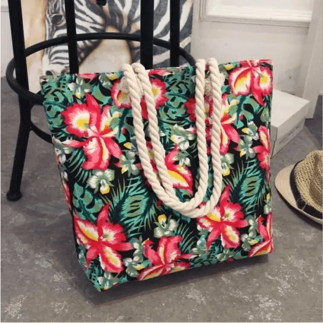 Stevvex Folding Floral Canvas Shoulder Bag with tropical hibiscus print and rope handles on Tampa Home & Garden Store