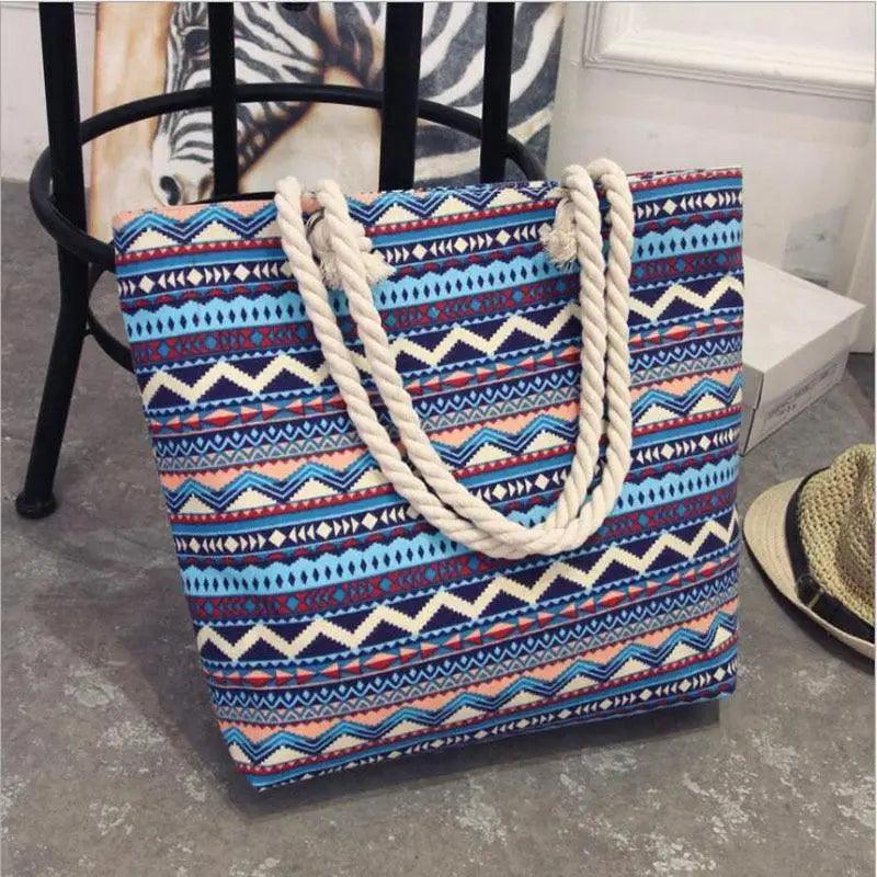 Folding Floral Canvas Shoulder Bag for Women blue geometric pattern with white rope handles on Tampa Home & Garden Store