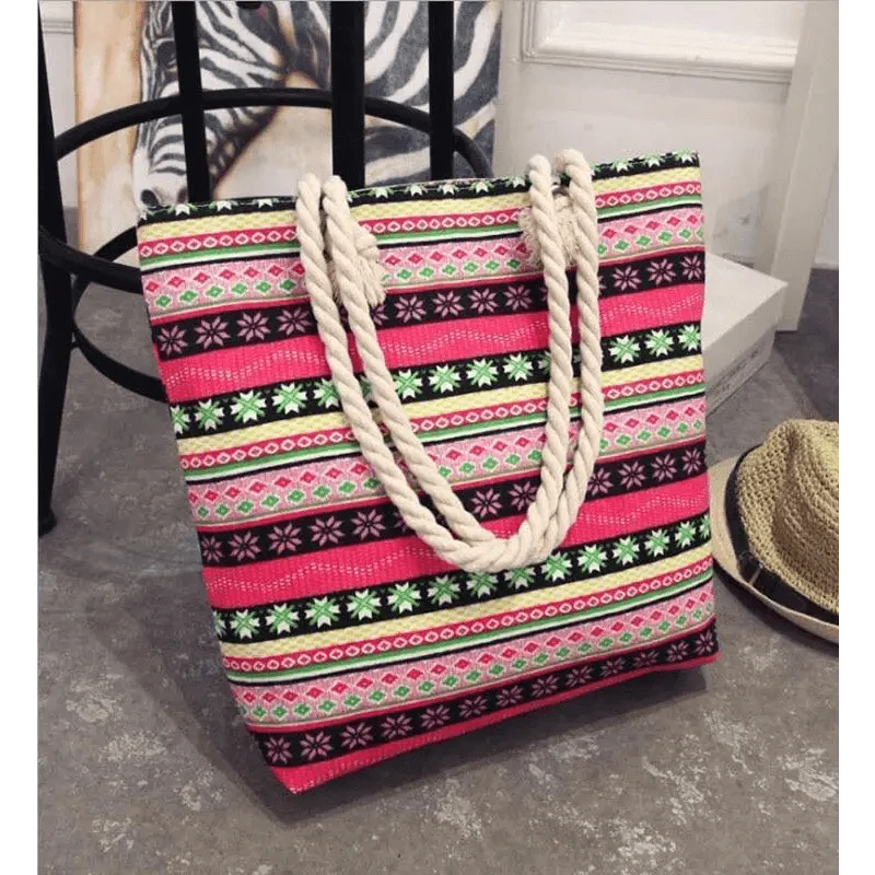 Folding floral canvas shoulder bag with rope handles in pink green black striped print Stevvex on Tampa Home & Garden Store
