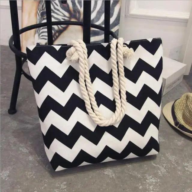 Folding Floral Canvas Shoulder Bag for Women, Stevvex, black white zigzag with rope handles on Tampa Home & Garden Store