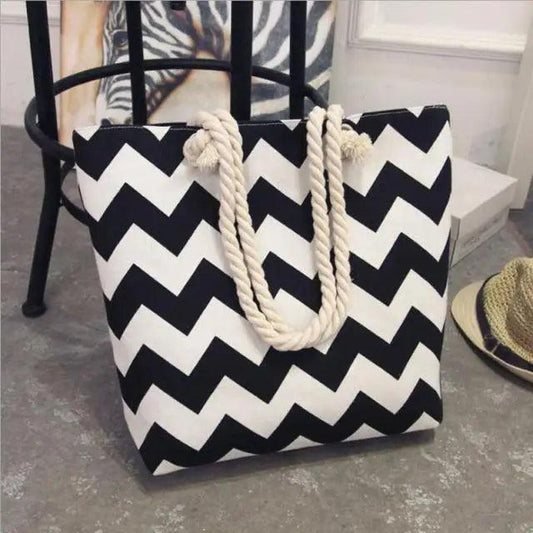 Folding Floral Canvas Shoulder Bag for Women, Stevvex, black white zigzag with rope handles on Tampa Home & Garden Store
