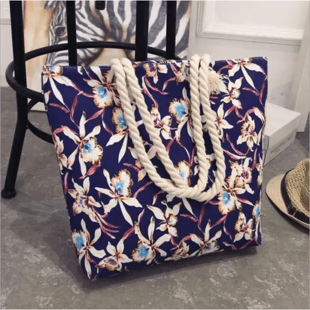 Stevvex Folding Floral Canvas Shoulder Bag navy floral print with rope handles ST93137CDE on Tampa Home & Garden Store