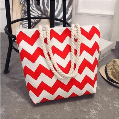 Folding Floral Canvas Shoulder Bag red white chevron with rope handles Stevvex ST93137CDE on Tampa Home & Garden Store