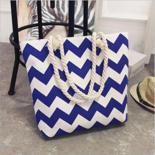 Folding Floral Canvas Shoulder Bag by Stevvex blue chevron pattern with rope handles on Tampa Home & Garden Store