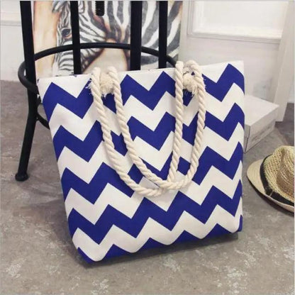 Folding Floral Canvas Shoulder Bag by Stevvex blue chevron pattern with rope handles on Tampa Home & Garden Store