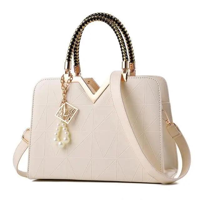 Stevvex ivory leather satchel bag with geometric quilting and top handles crossbody strap on Tampa Home & Garden Store