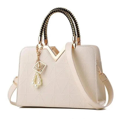 Stevvex ivory leather satchel bag with geometric quilting and top handles crossbody strap on Tampa Home & Garden Store
