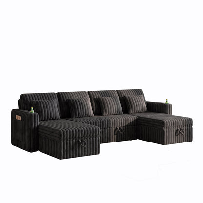 U Shaped Plush Corduroy Sleeper Sectional by HouseOfZazla in dark charcoal corduroy with chaise on Tampa Home & Garden Store