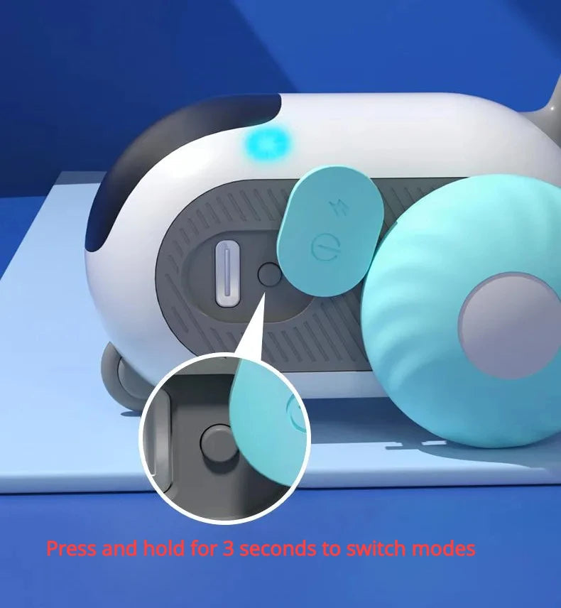 Remote control interactive cat car toy with turquoise wheels and USB charging port on blue base on Tampa Home & Garden Store