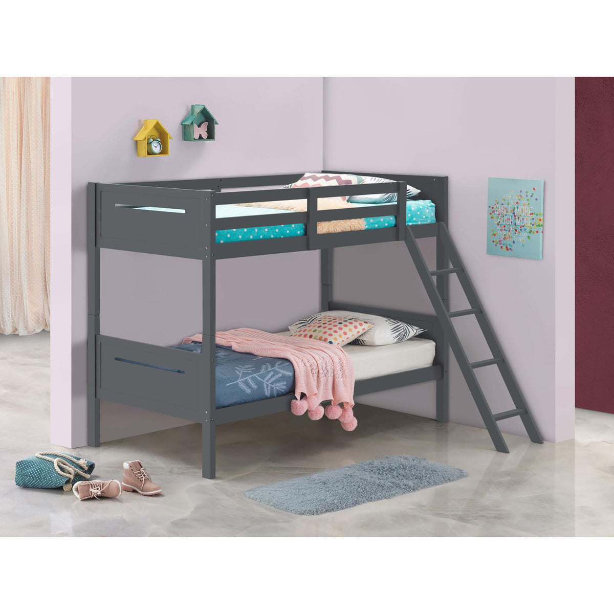 HouseOfZazla bunk bed with built-in ladder, guardrails and angled access step in dark gray on Tampa Home & Garden Store
