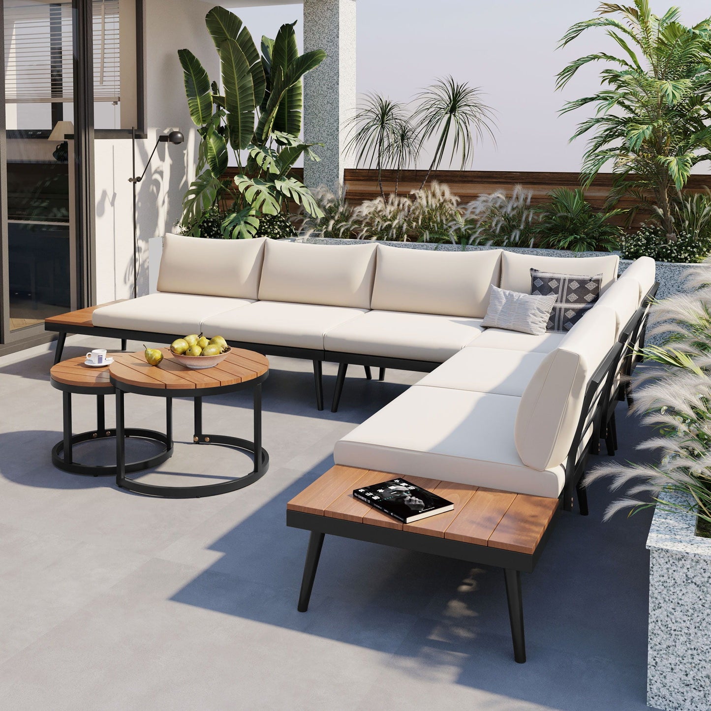 Modern Outdoor 6pc Sectional Sofa Set with Nesting Coffee Tables by HouseOfZazla, black frames on Tampa Home & Garden Store