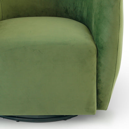 Green velvet swivel chair by HouseOfZazla with 360° rotation; cushion and curved side panel on Tampa Home & Garden Store