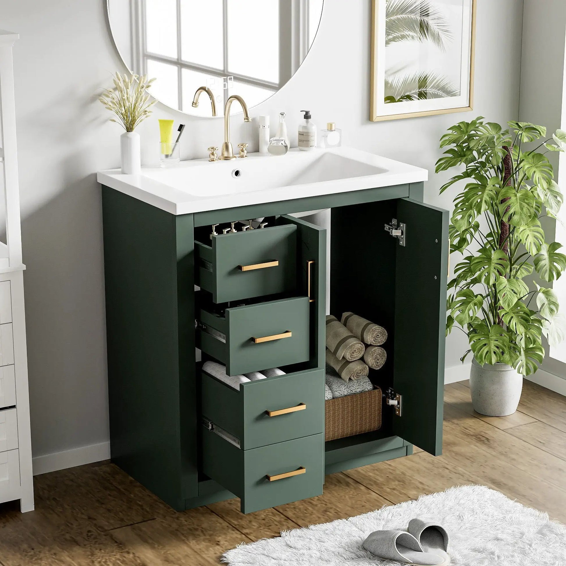 Ceramic sink vanity in dark green cabinet with white countertop and 3 drawers on Tampa Home & Garden Store