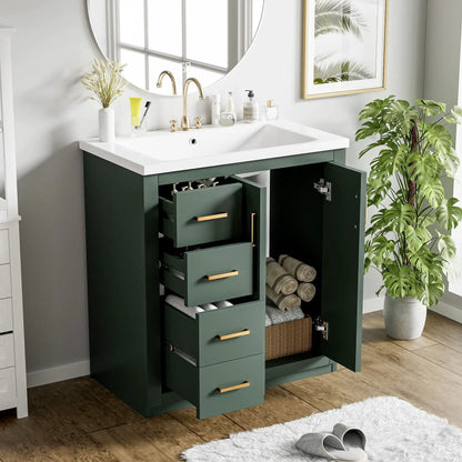 Ceramic sink vanity in dark green cabinet with white countertop and 3 drawers on Tampa Home & Garden Store