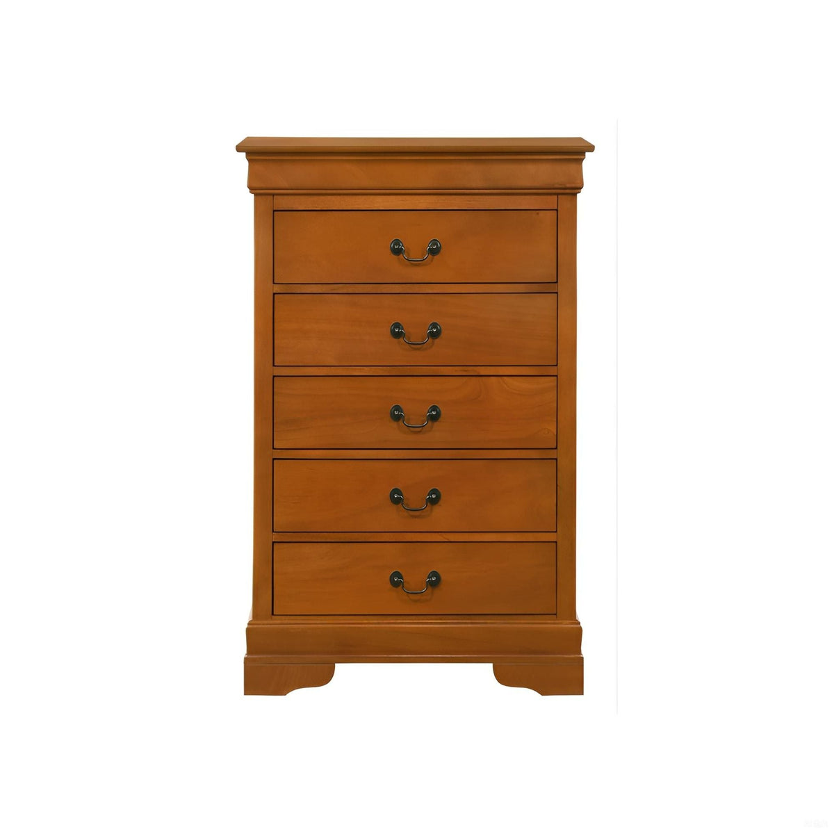 Louis Phillipe accent chest in warm honey oak with crown molding and black metal bail handles on Tampa Home & Garden Store