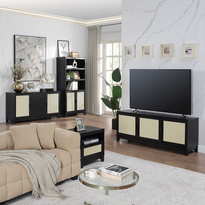 Sheridan 7-shelf bookcase cabinet in black with cane-front panels; matching storage cabinets on Tampa Home & Garden Store