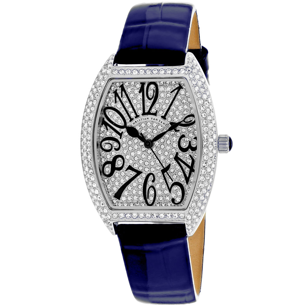 Christian Van Sant women's elegant diamond-studded watch with blue strap and tonneau case on Tampa Home & Garden Store