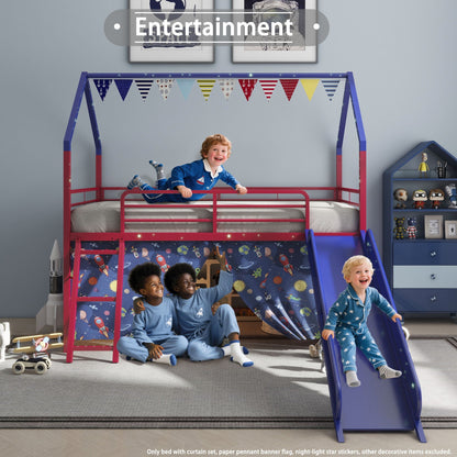 Jack - House Loft Bed With Slide And Curtain Set, pink blue metal frame with space panels on Tampa Home & Garden Store