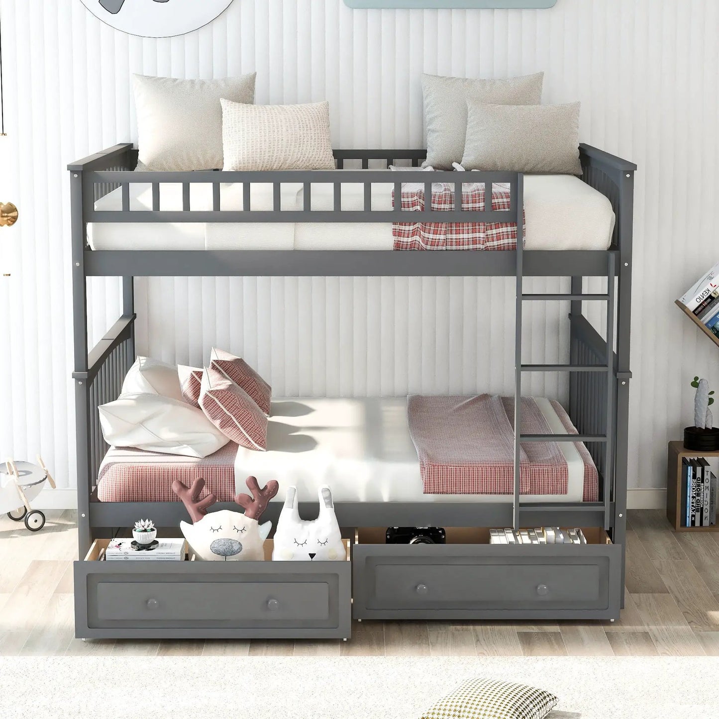 Gray metal bunk bed with built-in drawers, ladder, beige bedding, convertible design on Tampa Home & Garden Store