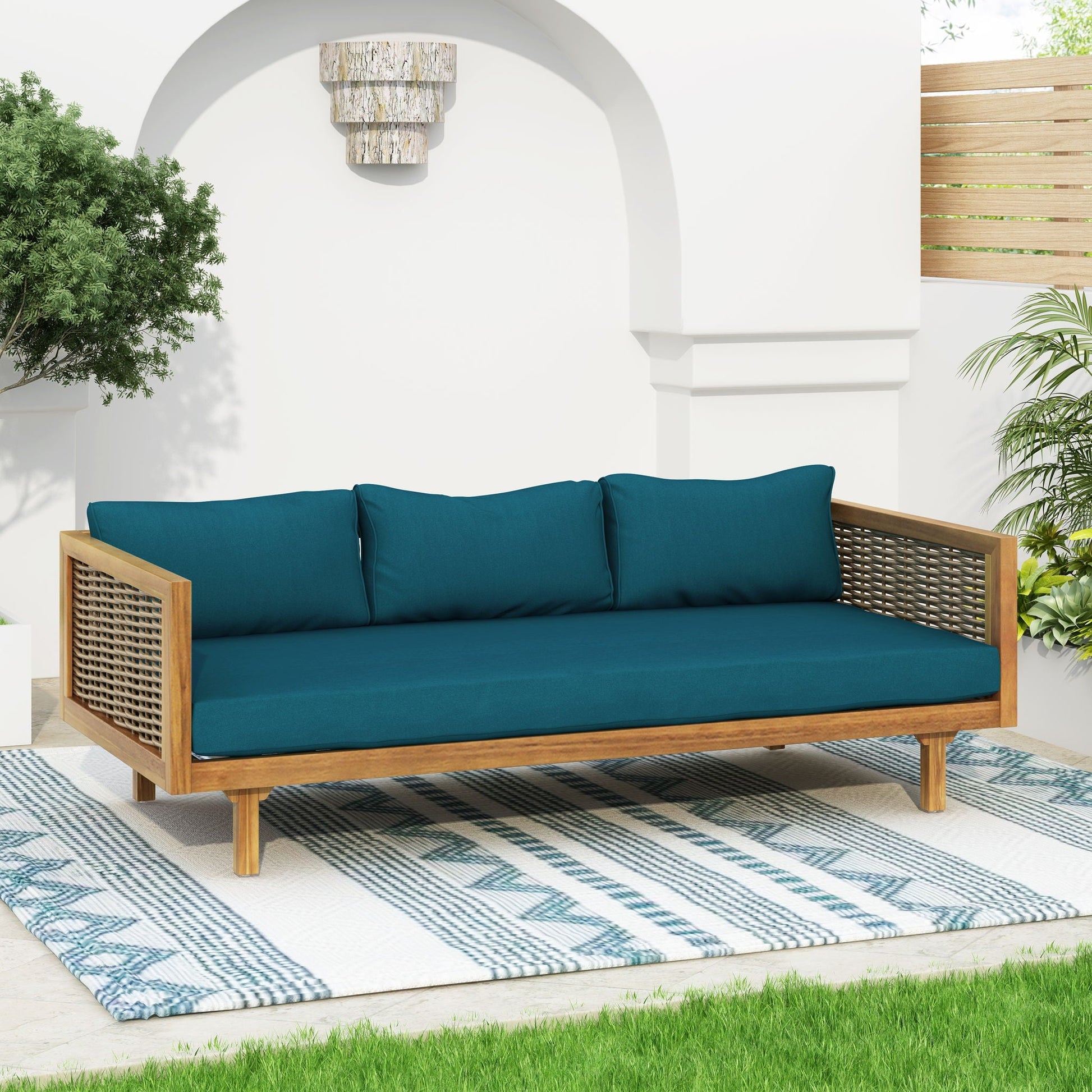 Claremont 3 Seater Daybed in teak acacia wood with teal water resistant cushions on Tampa Home & Garden Store