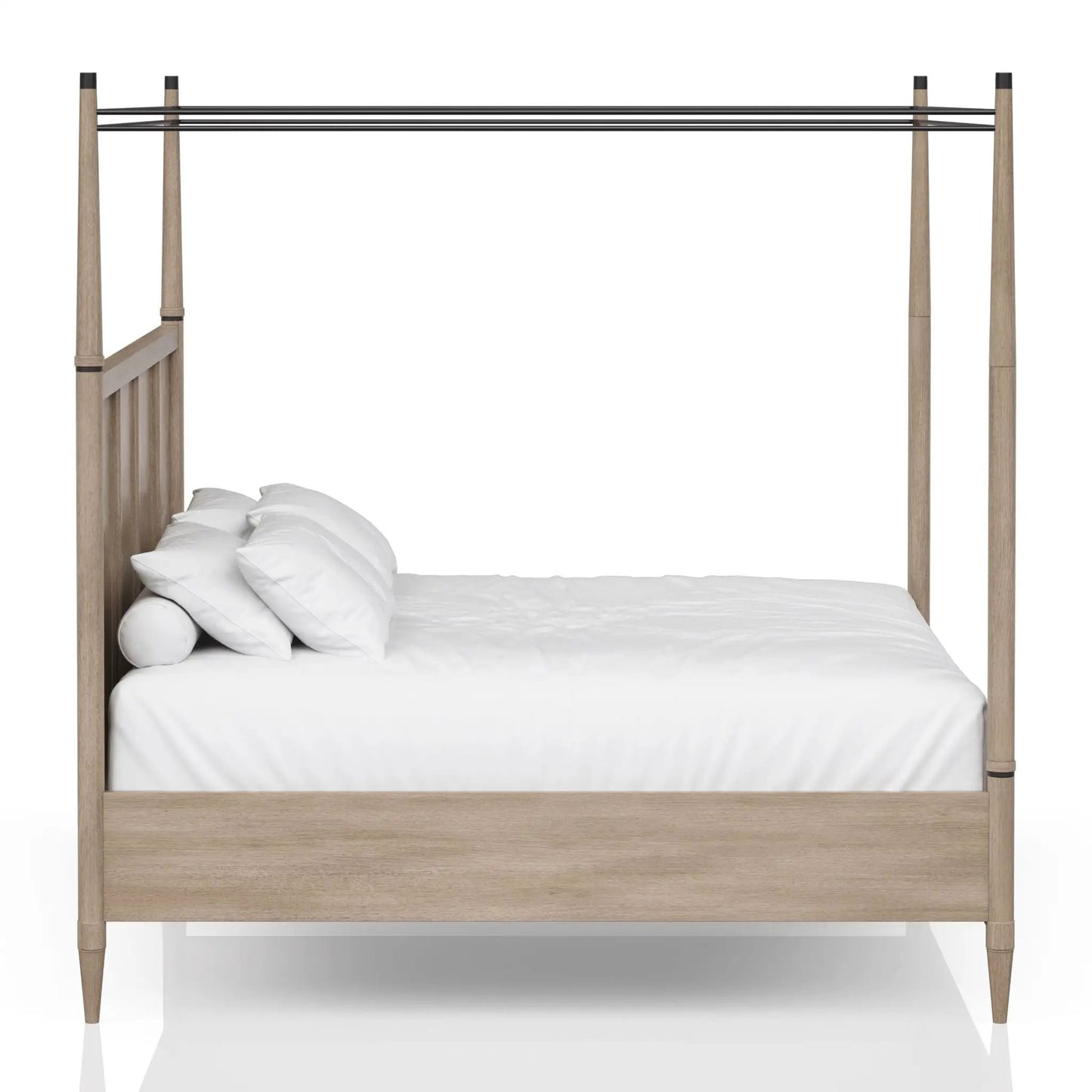 Transitional canopy bed frame in light oak with black metal rails and white bedding on Tampa Home & Garden Store