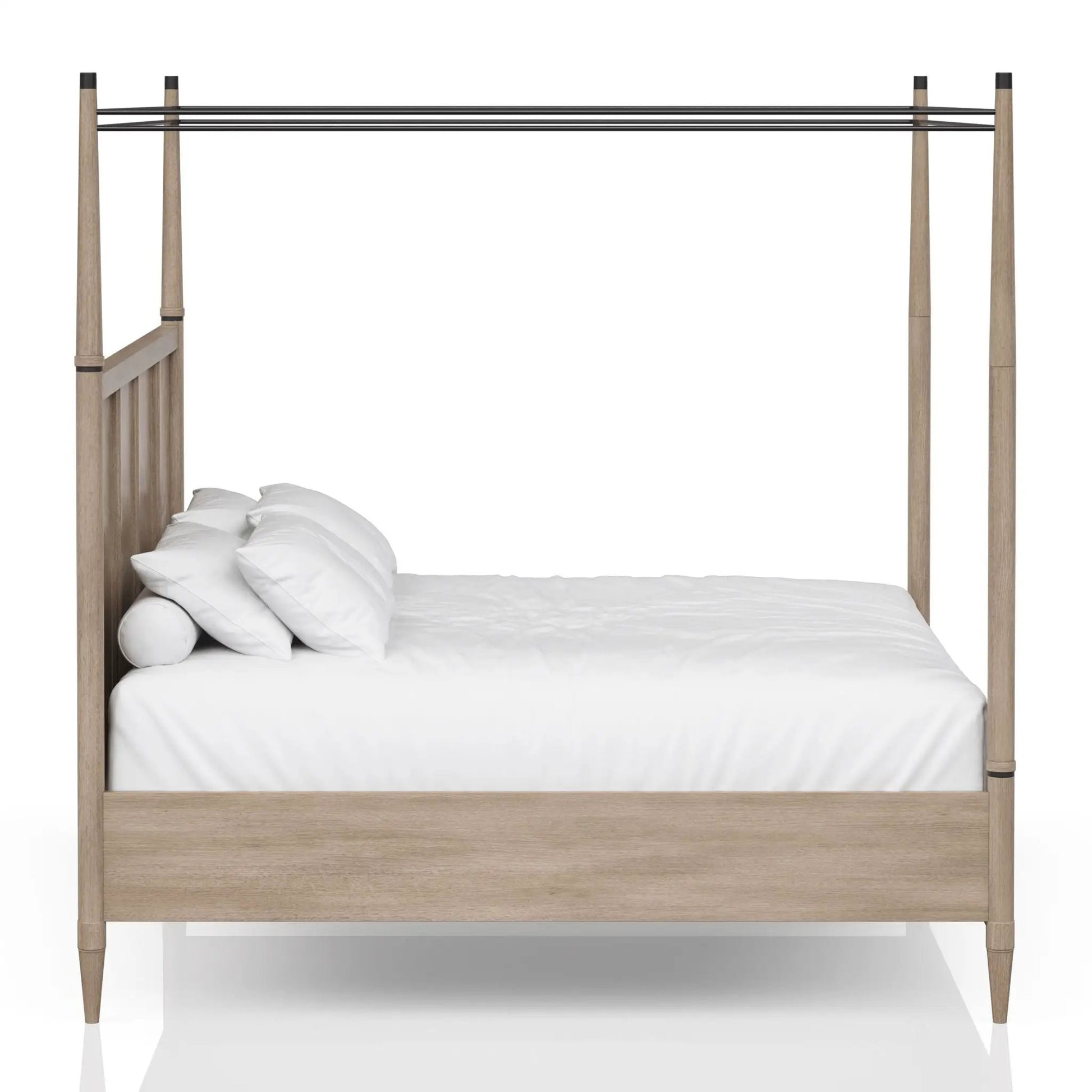 Transitional canopy bed frame in light oak with black metal rails and white bedding on Tampa Home & Garden Store