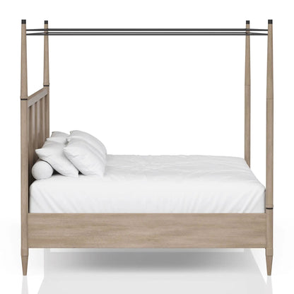 Transitional canopy bed frame in light oak with black metal rails and white bedding on Tampa Home & Garden Store