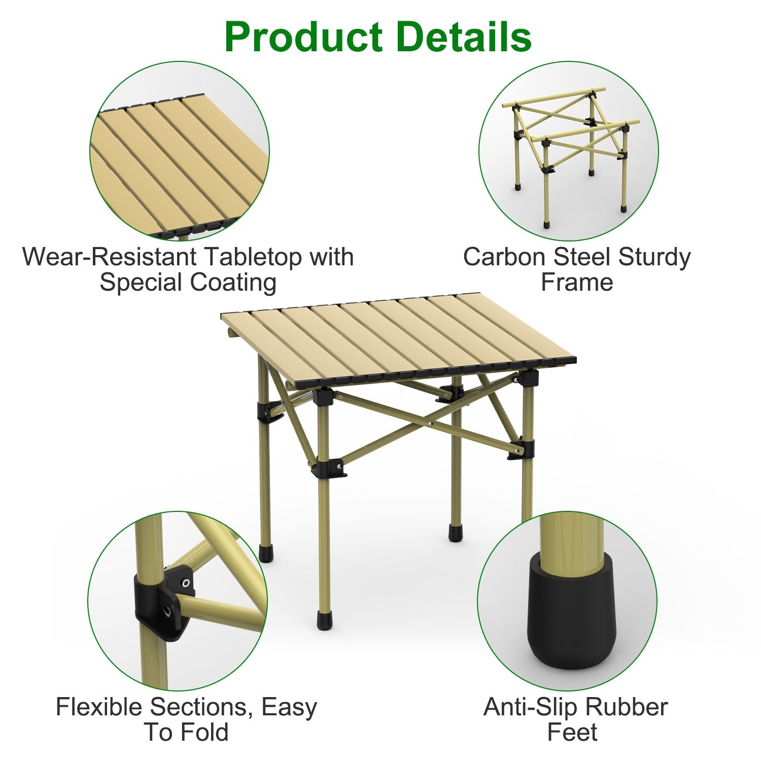 Folding camping table by GemGear with beige slatted top and carbon steel frame, anti-slip feet on Tampa Home & Garden Store