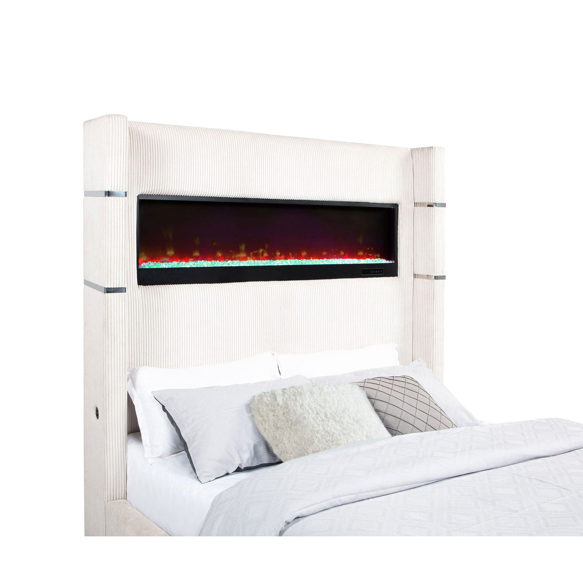 Judah Flame Visualizer Bed ivory ribbed upholstery with built-in fireplace by HouseOfZazla on Tampa Home & Garden Store