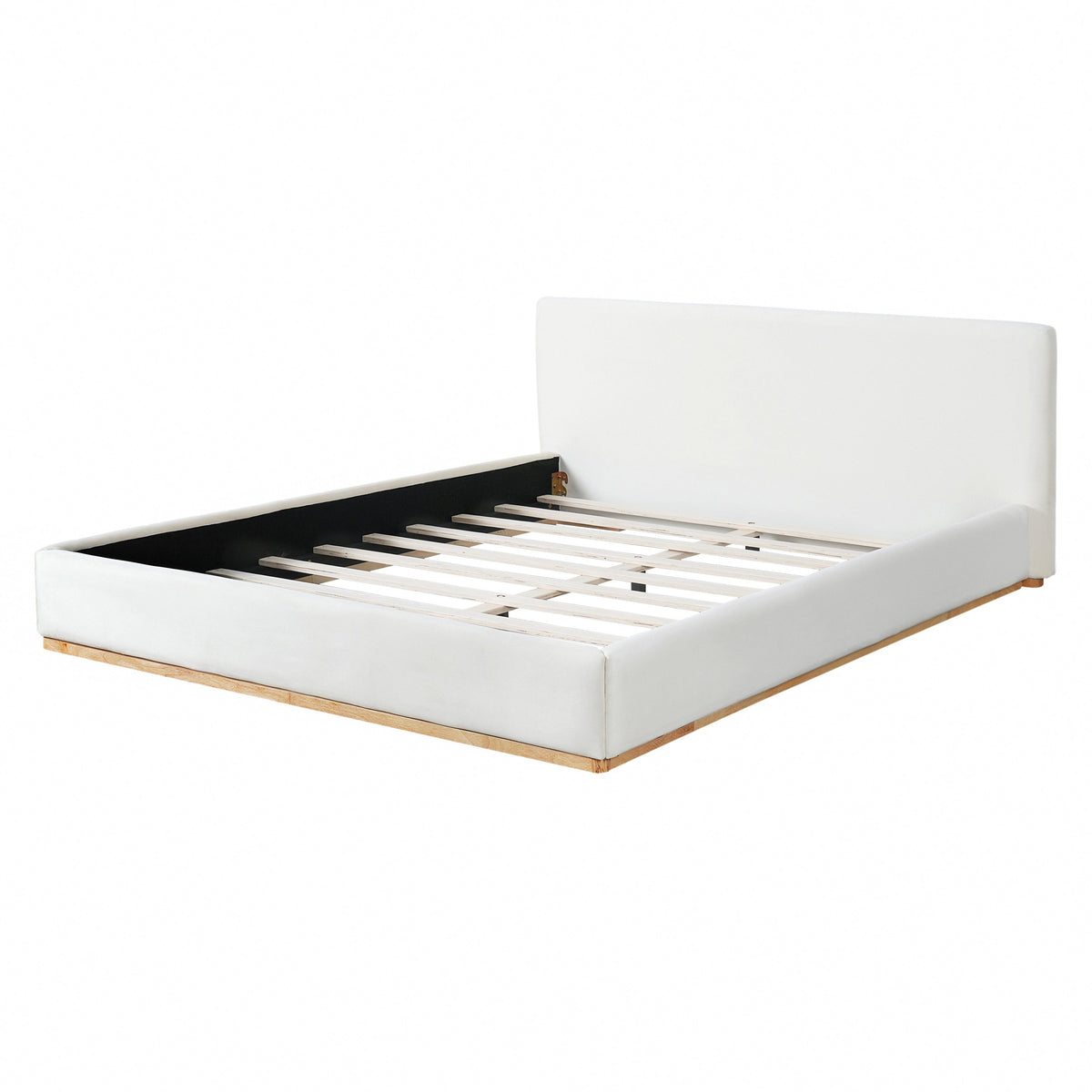 Elegant upholstered queen bed with solid wood frame in white, includes slatted base on Tampa Home & Garden Store